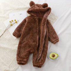 Winter Baby Rompers Girls Solid Fleece Warm Soft Bear Ear Jumpsuit Infant Hooded Long Sleeve Skin-Friendly Rompers Baby Clothes