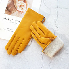 Women's Sheepskin Gloves Fashion Color Leather Simple Style Wool Lining Spring and Autumn Warmth Finger Gloves