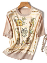 New Fashion Printing Put Together Ice Silk Knitwear Shirt T-shirt Round Neck Short Sleeve Temperament Slim Women's Style Top