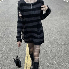 New ZMZBCH Spring Autumn Women's Punk Gothic Oversized Pullover Sweater Striped Hollow out Cool Harajuku Aesthetics 2-M3288