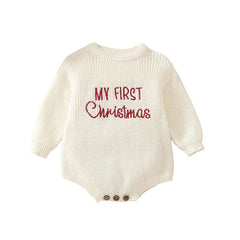 0-18M Newborn Baby Girl Boy Christmas Sweater Romper Letter Embroidery Long Sleeve Crew Neck Knit Bubble Jumpsuit