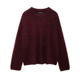 HH Winter Women Burgundy Long Sleeve Pullovers Casual O-neck Loose Fluffy Fuzzy Jumper Sweater Female Fashion Knitted Tops