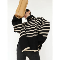 Women's Striped Turtleneck Sweater2023New Autumn and Winter Loose Design Niche Knitwear Pullover Coat