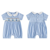 0-18M Baby Girl Boy Summer Blue Rompers Sailboat Embroidered Short Sleeve Doll Collar Jumpsuit Newborn Clothes Outfit