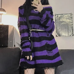 New ZMZBCH Spring Autumn Women's Punk Gothic Oversized Pullover Sweater Striped Hollow out Cool Harajuku Aesthetics 2-M3288