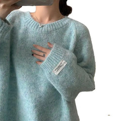 Loose Women's Mint een Lazy Sle Milk Blue Sweater Casual High-End Outerwear Long Sve round Ne Girl's Autumn Faion