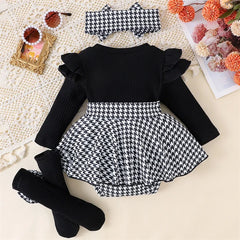 Pudcoco Baby Girl Spring Outfits Long Sleeve Houndstooth Print Romper Dress with Headband and Long Socks