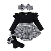 Pudcoco Baby Girl Spring Outfits Long Sleeve Houndstooth Print Romper Dress with Headband and Long Socks