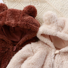 Winter Baby Rompers Girls Solid Fleece Warm Soft Bear Ear Jumpsuit Infant Hooded Long Sleeve Skin-Friendly Rompers Baby Clothes