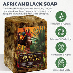 Raw African Black Soap for Oily Skin, Dark Spots Pure & Natural Ingredients - Organic Face and Body Wash Soap