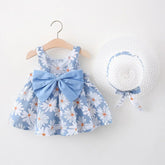 Summer 2/Piece Set Of Baby Girl Dress Hat Girl'S Big Bow Casual Cotton Print Cute Round Neck Sleeveless Dress