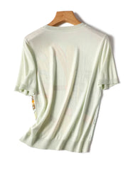 New Fashion Printing Put Together Ice Silk Knitwear Shirt T-shirt Round Neck Short Sleeve Temperament Slim Women's Style Top