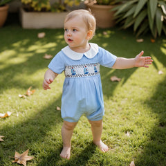 0-18M Baby Girl Boy Summer Blue Rompers Sailboat Embroidered Short Sleeve Doll Collar Jumpsuit Newborn Clothes Outfit