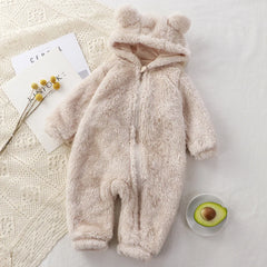 Winter Baby Rompers Girls Solid Fleece Warm Soft Bear Ear Jumpsuit Infant Hooded Long Sleeve Skin-Friendly Rompers Baby Clothes