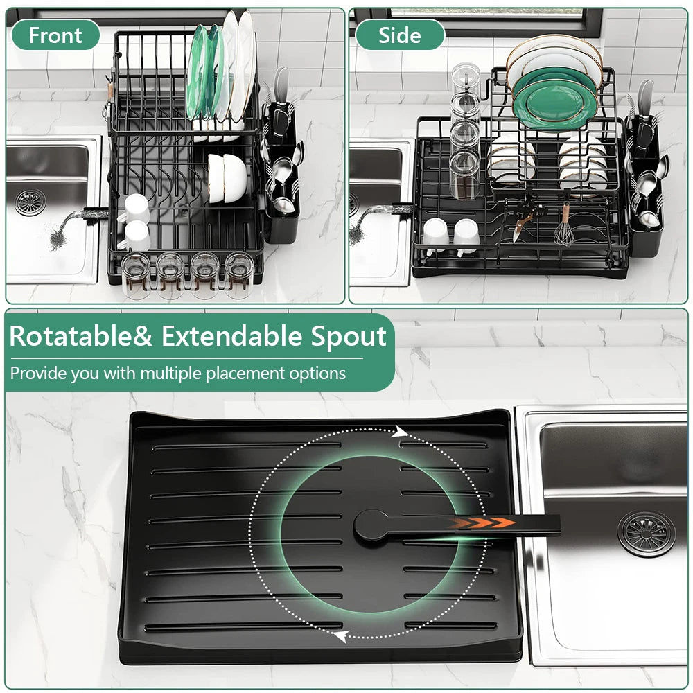 Home Kitchen 2-Tier Stainless Steel Foldable Dish Racks ,18.9"x12.2"x11.8"in, Black