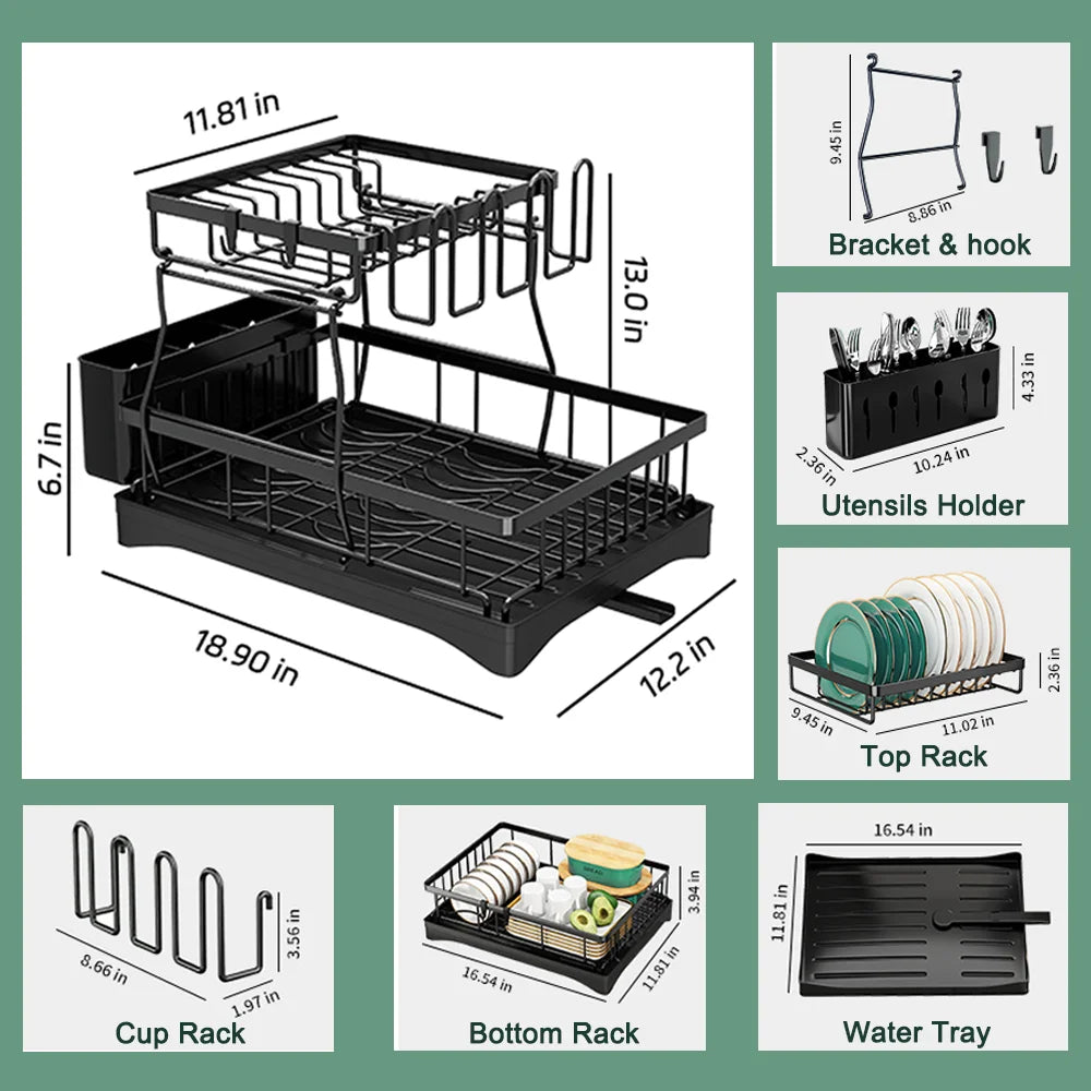 Home Kitchen 2-Tier Stainless Steel Foldable Dish Racks ,18.9"x12.2"x11.8"in, Black