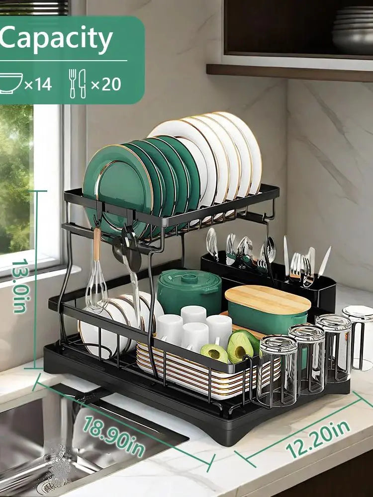 Home Kitchen 2-Tier Stainless Steel Foldable Dish Racks ,18.9"x12.2"x11.8"in, Black