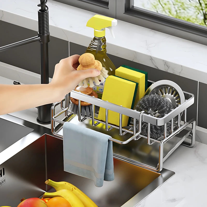 Stainless Steel Kitchen Sponge Holder - Sink Organizer for Sponges, Brushes, Soap Dispenser & Cleaning Tools