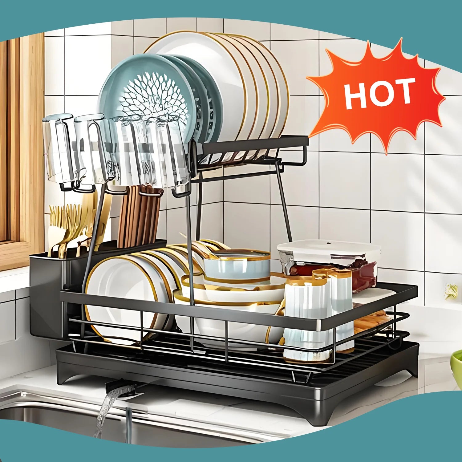 Home Kitchen 2-Tier Stainless Steel Foldable Dish Racks ,18.9"x12.2"x11.8"in, Black