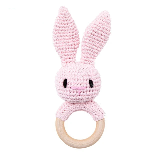 1Pc Baby Rattle Toys Wooden Teether Crochet Pattern Rattle Rabbit Lion Fox BearToy Newborn Gift Baby Teether Crochet Custom Name