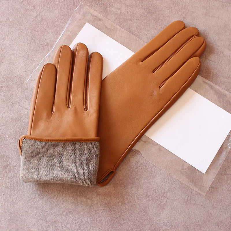 Women's Sheepskin Gloves Fashion Color Leather Simple Style Wool Lining Spring and Autumn Warmth Finger Gloves