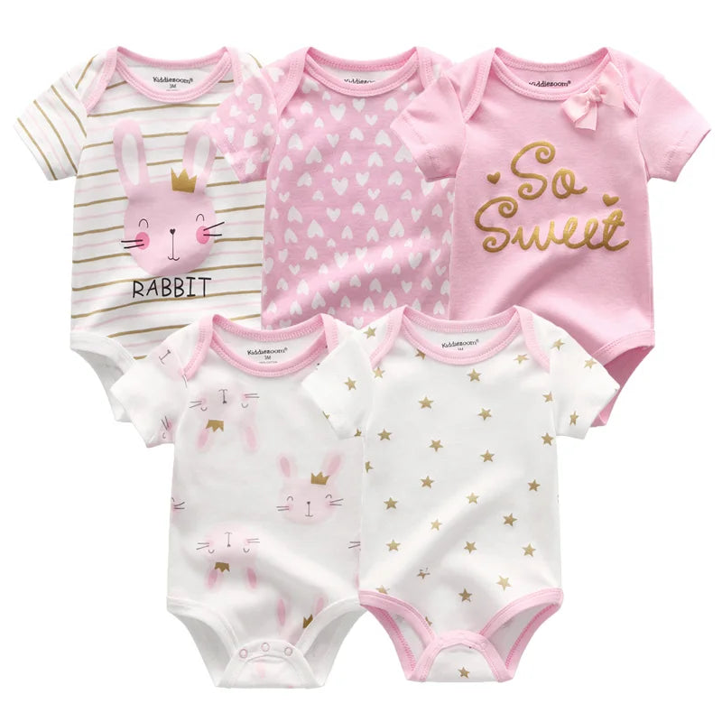Unisex Solid Color 5Pieces Baby Girl Clothes Cotton Newborn Bodysuits Cartoon Print Baby Boy Clothes Set Summer Bebes