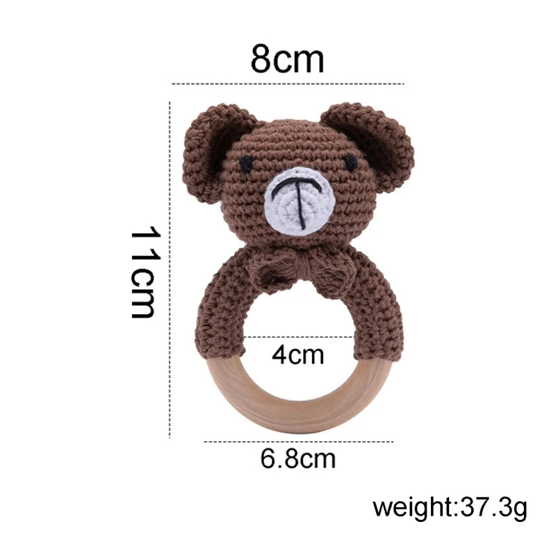 1Pc Baby Rattle Toys Wooden Teether Crochet Pattern Rattle Rabbit Lion Fox BearToy Newborn Gift Baby Teether Crochet Custom Name