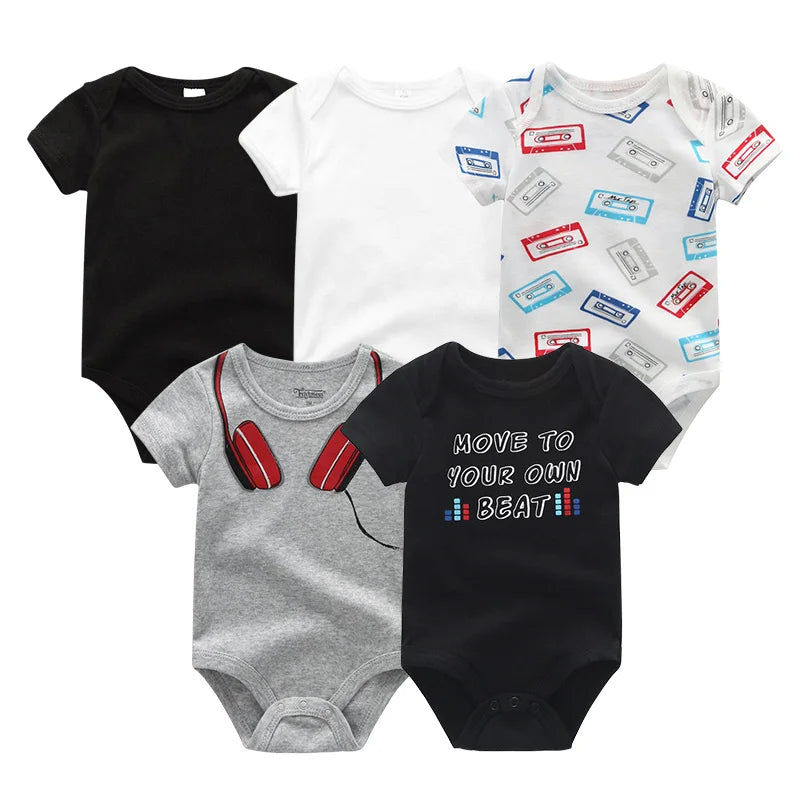Unisex Solid Color 5Pieces Baby Girl Clothes Cotton Newborn Bodysuits Cartoon Print Baby Boy Clothes Set Summer Bebes