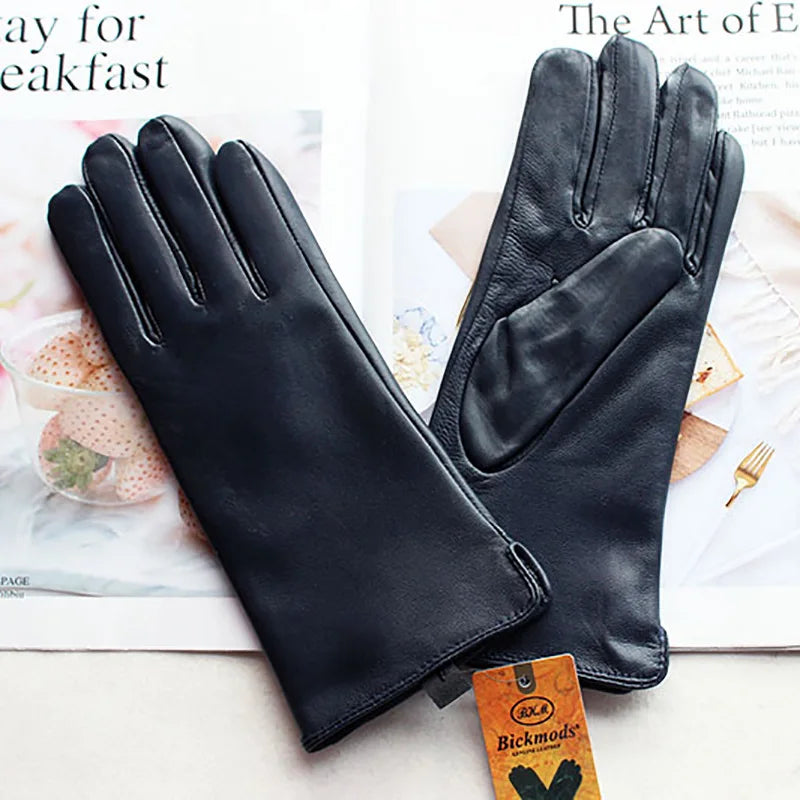 Women's Sheepskin Gloves Fashion Color Leather Simple Style Wool Lining Spring and Autumn Warmth Finger Gloves