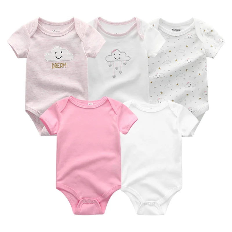 Unisex Solid Color 5Pieces Baby Girl Clothes Cotton Newborn Bodysuits Cartoon Print Baby Boy Clothes Set Summer Bebes