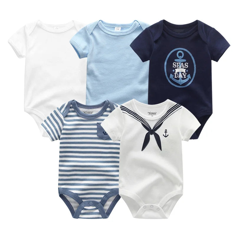 Unisex Solid Color 5Pieces Baby Girl Clothes Cotton Newborn Bodysuits Cartoon Print Baby Boy Clothes Set Summer Bebes