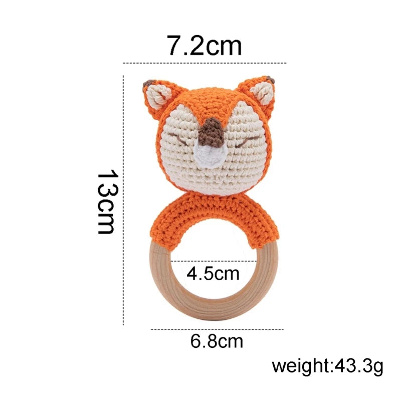 1Pc Baby Rattle Toys Wooden Teether Crochet Pattern Rattle Rabbit Lion Fox BearToy Newborn Gift Baby Teether Crochet Custom Name