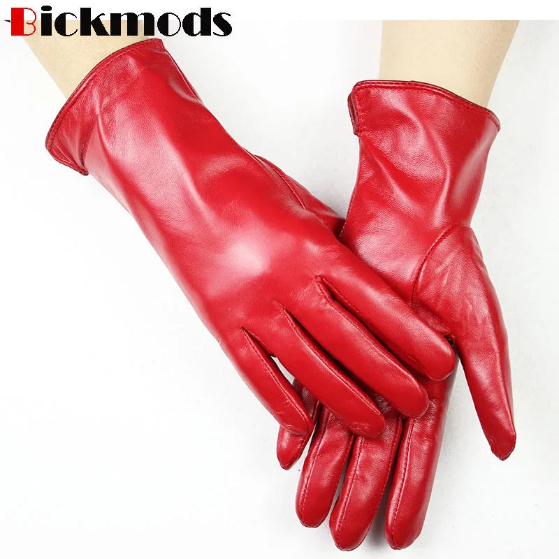 Women's Sheepskin Gloves Fashion Color Leather Simple Style Wool Lining Spring and Autumn Warmth Finger Gloves