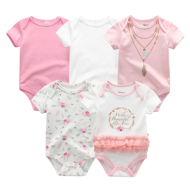 Unisex Solid Color 5Pieces Baby Girl Clothes Cotton Newborn Bodysuits Cartoon Print Baby Boy Clothes Set Summer Bebes