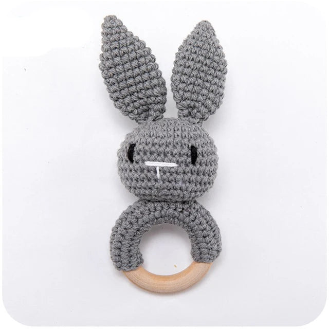 1Pc Baby Rattle Toys Wooden Teether Crochet Pattern Rattle Rabbit Lion Fox BearToy Newborn Gift Baby Teether Crochet Custom Name