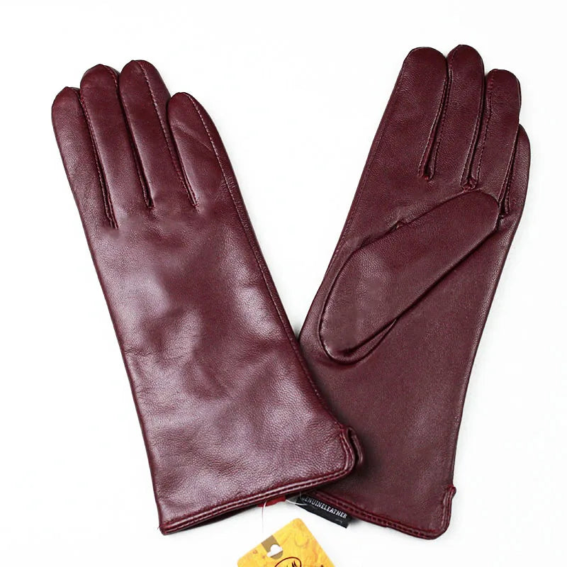 Women's Sheepskin Gloves Fashion Color Leather Simple Style Wool Lining Spring and Autumn Warmth Finger Gloves