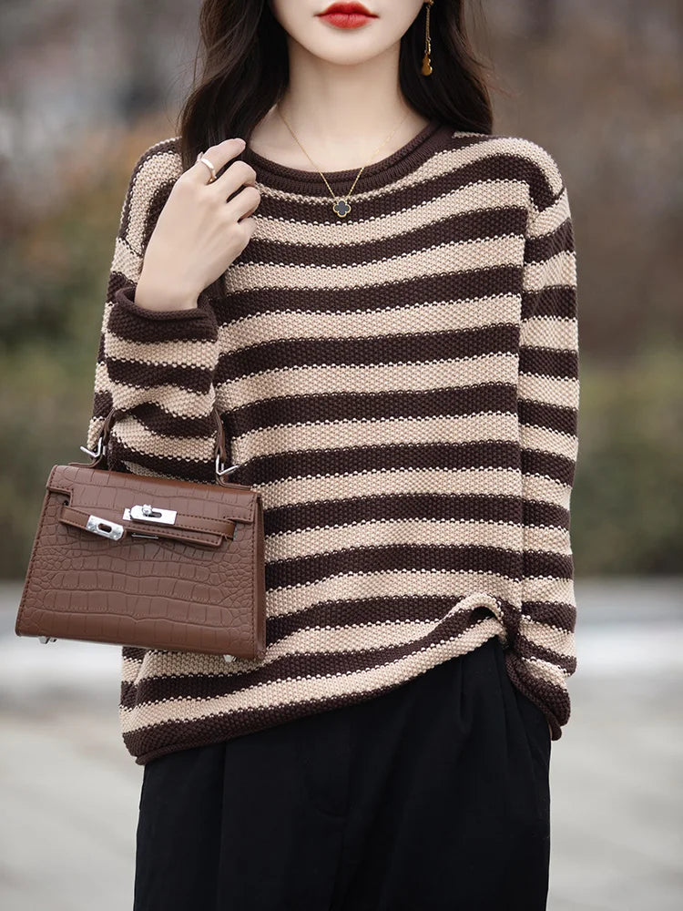 Women 100% Cotton Sweater Autumn Winter Curled O-Neck Pullover Long Sleeve Bottoming Colorful Stripes Knitwear Loose Clothing