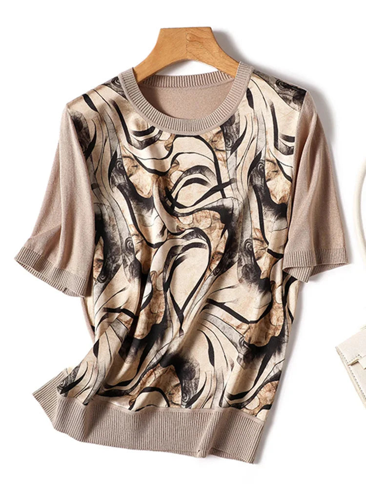 New Fashion Printing Put Together Ice Silk Knitwear Shirt T-shirt Round Neck Short Sleeve Temperament Slim Women's Style Top