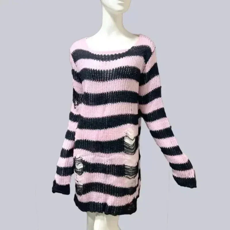 New ZMZBCH Spring Autumn Women's Punk Gothic Oversized Pullover Sweater Striped Hollow out Cool Harajuku Aesthetics  2-M3288