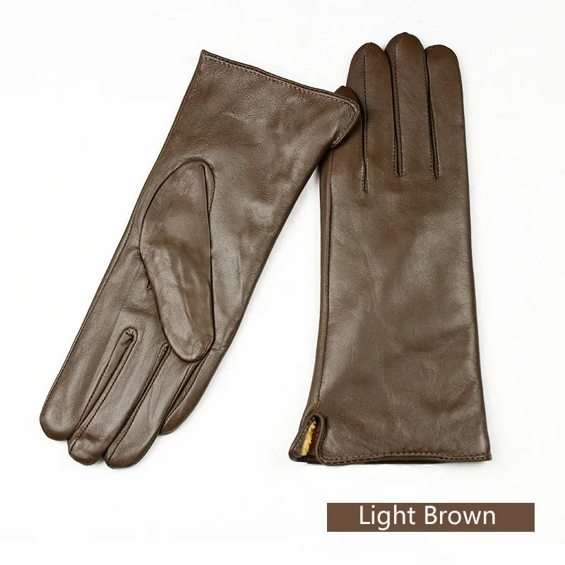 Women's Sheepskin Gloves Fashion Color Leather Simple Style Wool Lining Spring and Autumn Warmth Finger Gloves