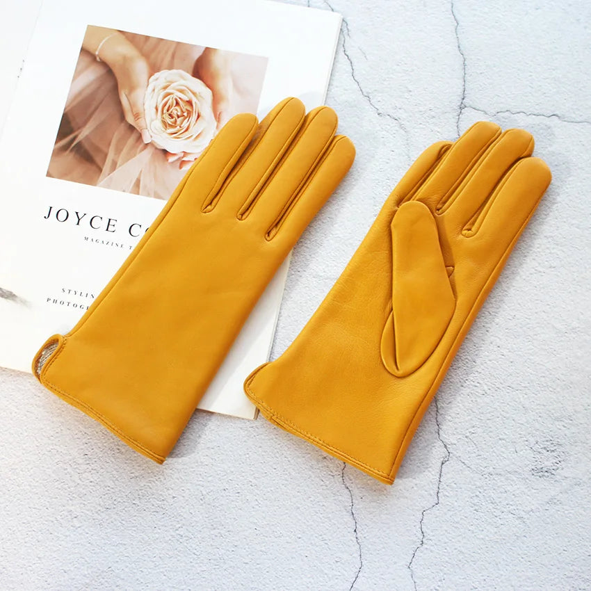 Women's Sheepskin Gloves Fashion Color Leather Simple Style Wool Lining Spring and Autumn Warmth Finger Gloves