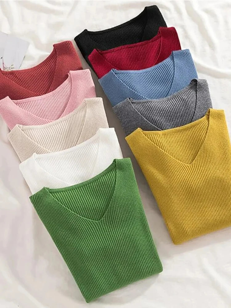 2025 Fashion V-neck Elastic Basic Top New Women Sweater Autumn Winter Long Sleeve Pullover Female Winter Solid Knitted Jumper