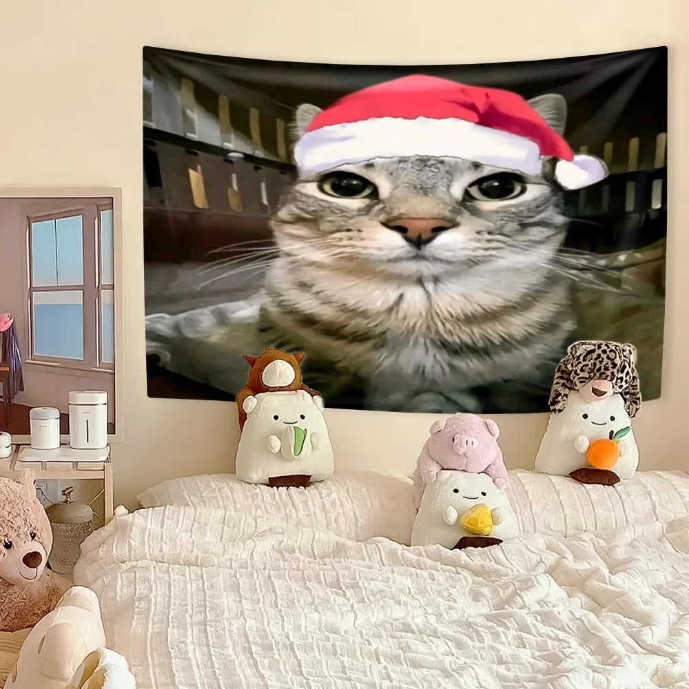 Funny Cat Meme Tapestry Kawaii Animal Home Decor Wall Hanging Covering Cloth Bedroom Dorm Background Festival Gift