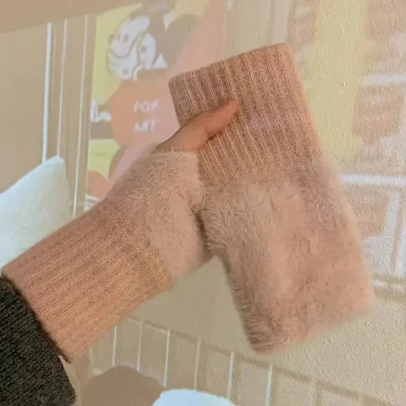 New Women's Half-Finger Gloves - Soft & Warm for Winter, Luxury Solid-Color Plush Knitted Fingerless Gloves