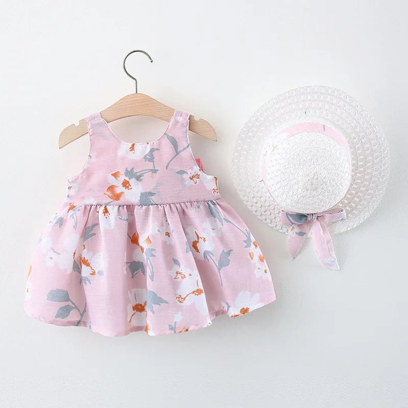 Summer 2/Piece Set Of Baby Girl Dress Hat Girl'S Big Bow Casual Cotton Print Cute Round Neck Sleeveless Dress