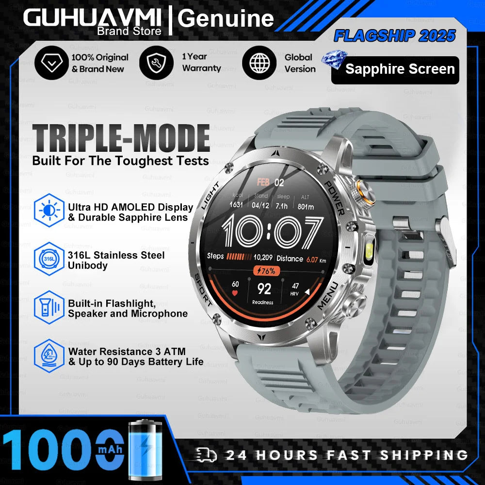 New Outdoor Military SmartWatch Man 1.7" AMOLED Screen 1000mAh Battery 5ATM Waterproof Flashlight 100+ Sports smart watches 2025
