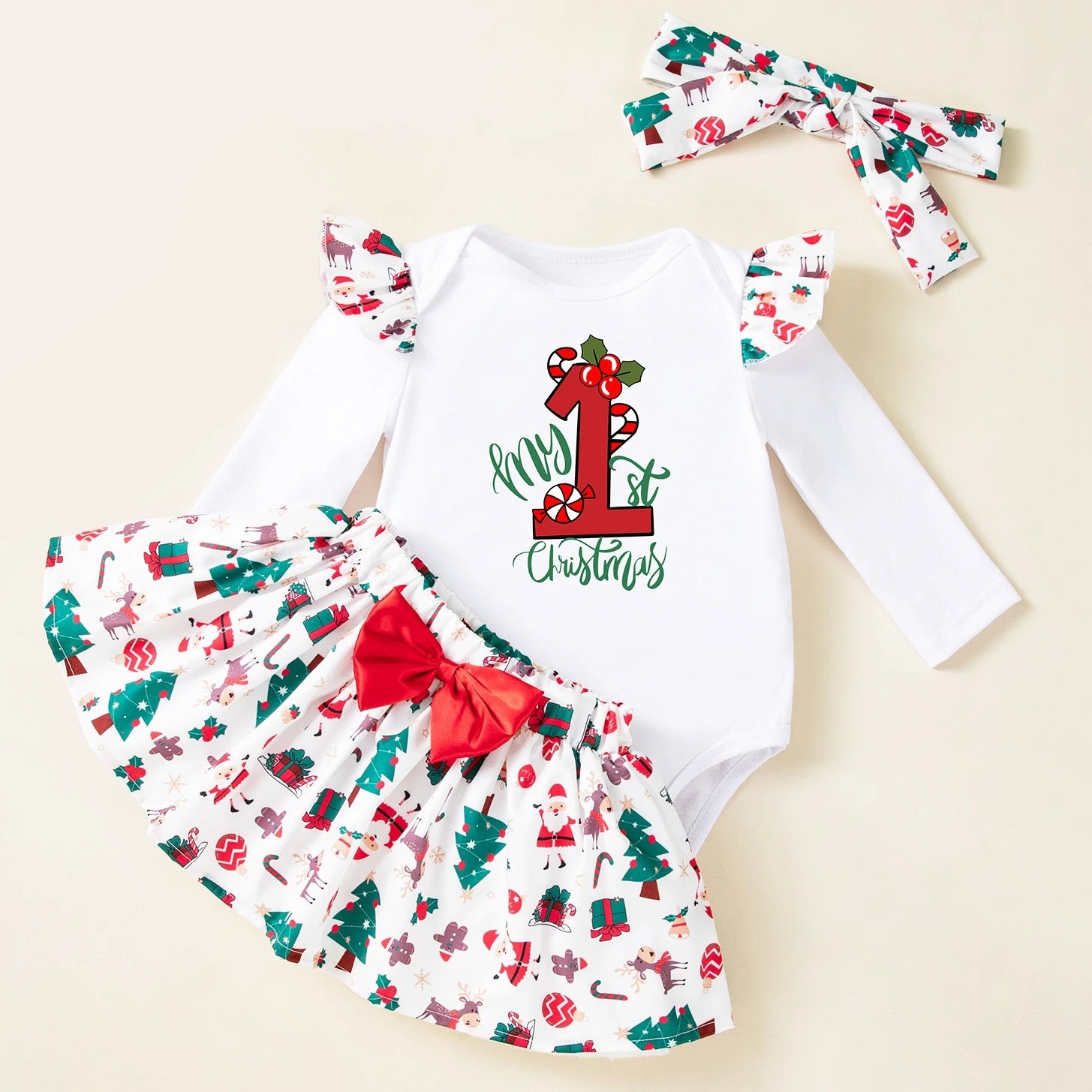 My First Christmas Outfit Baby Girl White Christmas Bodysuit Green Tree Tutu Skirt Headband First New Year Party Sweet  Clothes