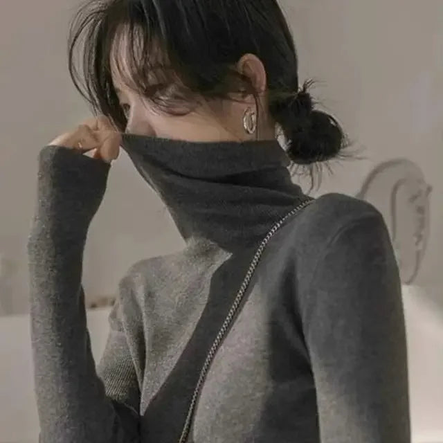 2025 Korean Style Turtleneck Long Sleeve Pullover Fashion Soft Warm Basic Sweater Women's Autumn Winter Slim Solid Knitwear Tops