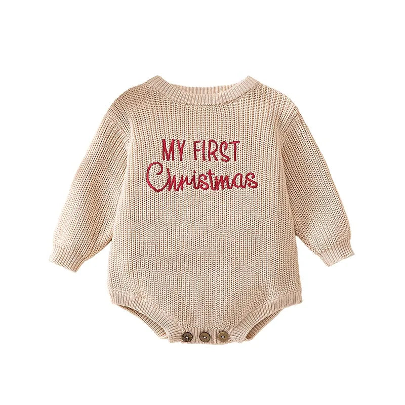 0-18M Newborn Baby Girl Boy Christmas Sweater Romper Letter Embroidery Long Sleeve Crew Neck Knit Bubble Jumpsuit