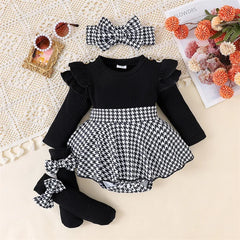 Pudcoco Baby Girl Spring Outfits Long Sleeve Houndstooth Print Romper Dress with Headband and Long Socks